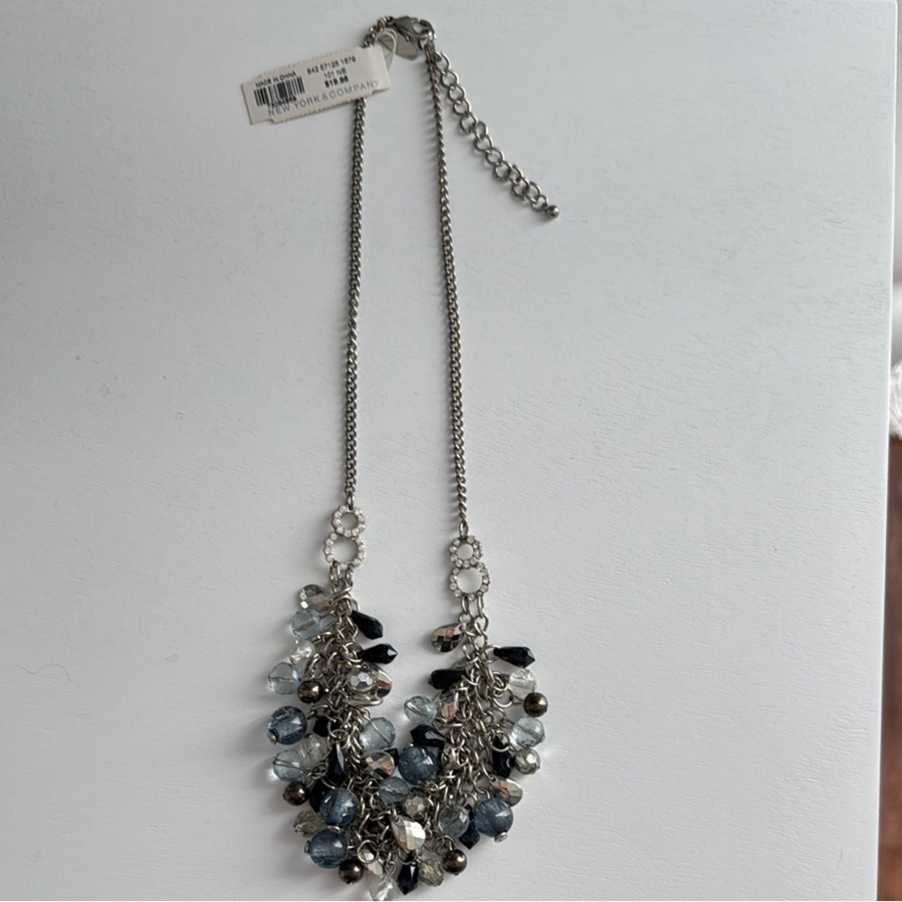 New York & Company Silver Black Necklace with Beads and Crystals